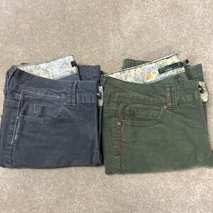 Two pairs Prana cords size 2, 28 inseam, gray and olive green